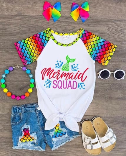 Sparkle In Pink Mermaid Squad Denim Short Set