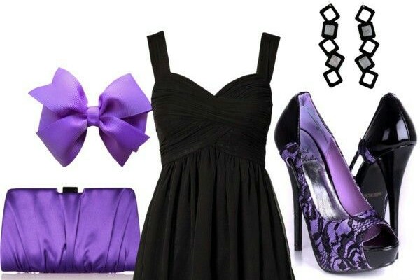 Wearing black with purple.