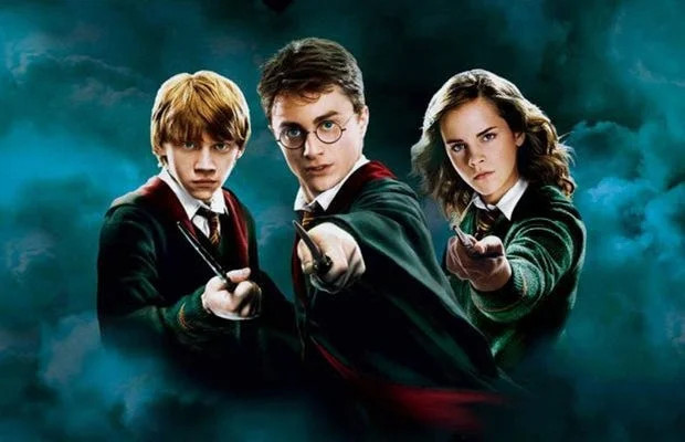 Harry Potter with Ron and Hermione.