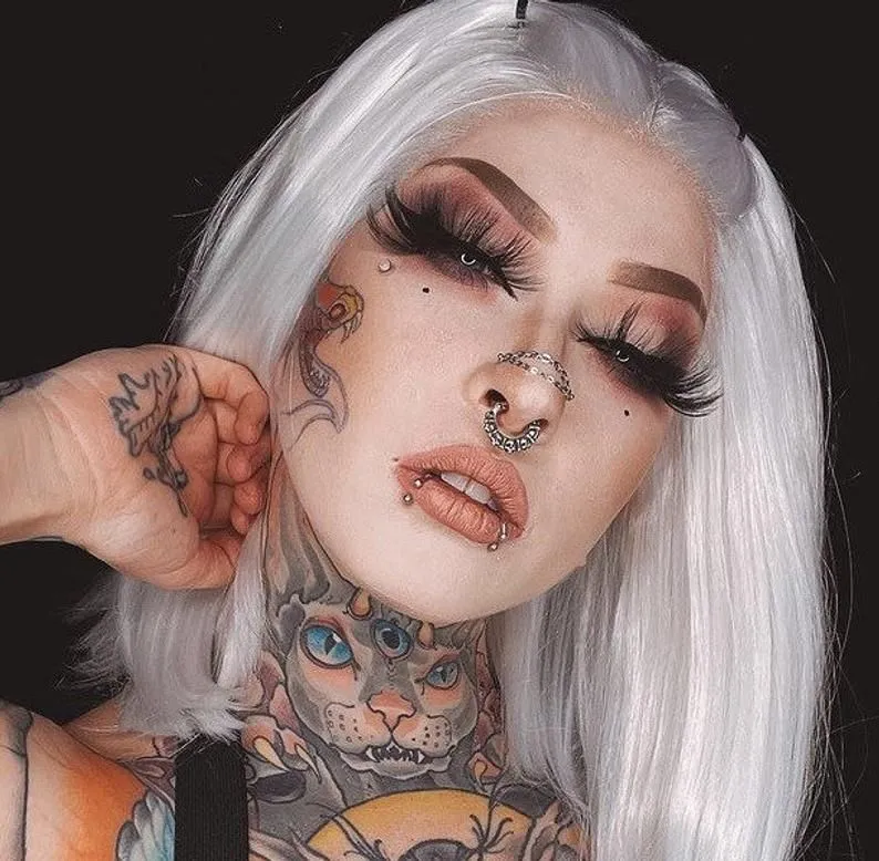 Grey haired Model with Rhino Nose piercing