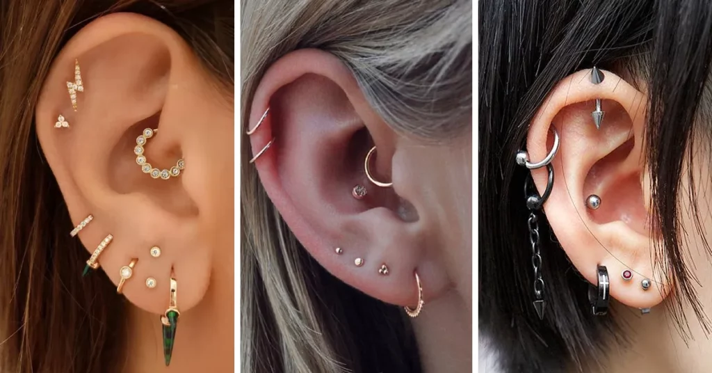 A collage of images showing women with double helix ear rings